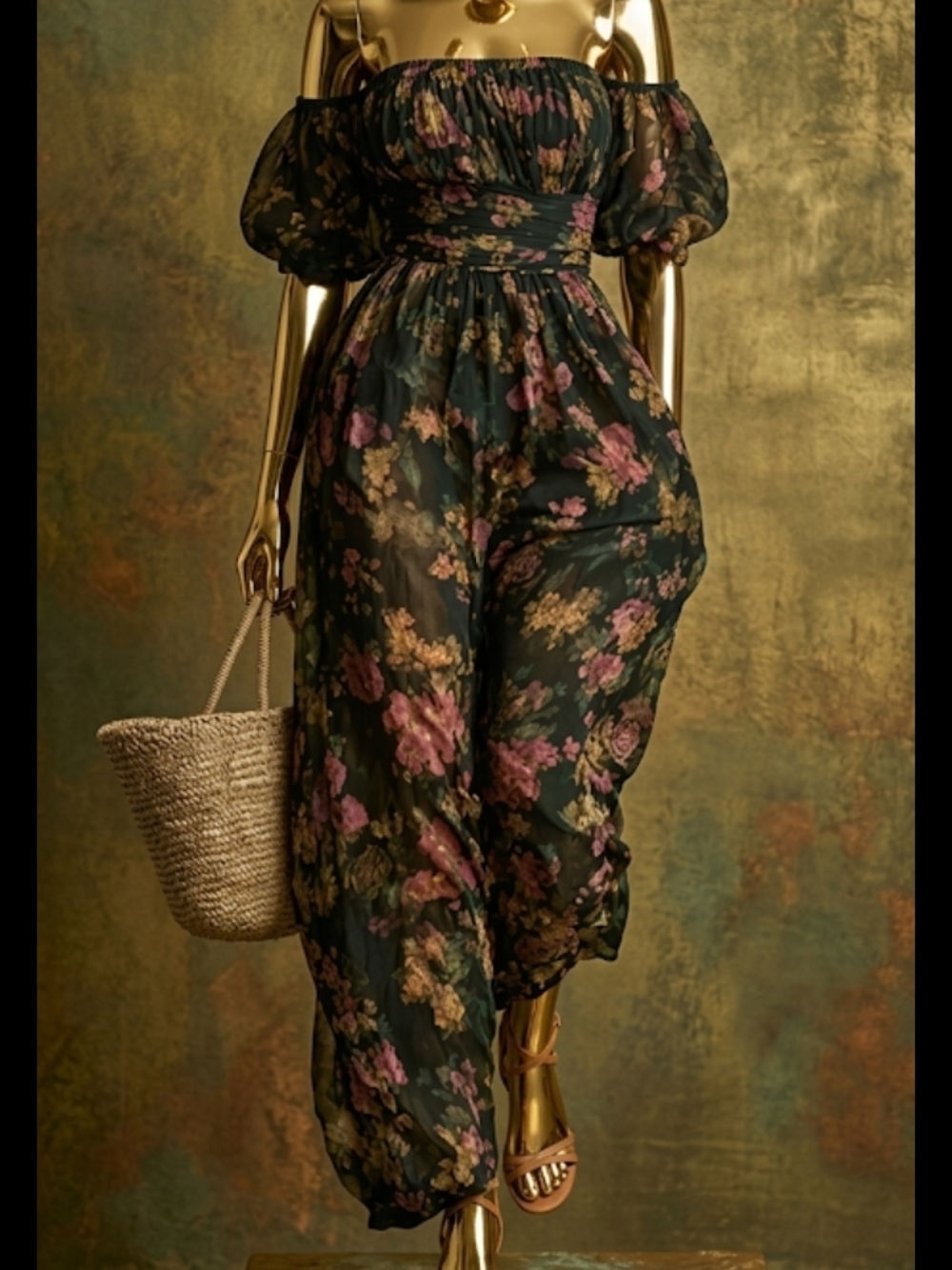 Floral Off-Shoulder jogger style Jumpsuit in Dark Green 23 inch p2p 32 inch long